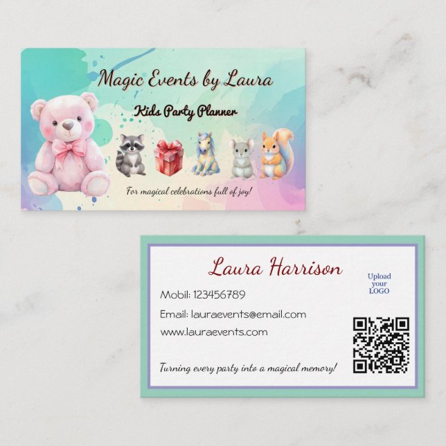Carte De Visite Enfants Planificateur de fête Pastel Teddy Bear Co (Devant / Derrière)