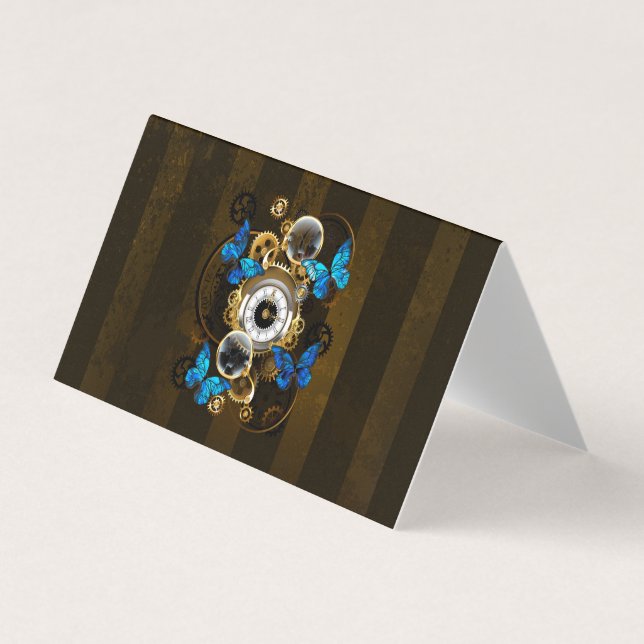 Carte De Visite Engrenages à vapeur et papillons bleus (Devant)