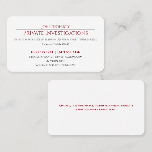 Carte De Visite Enquêtes privées | Inspecteur professionnel (Devant / Derrière)