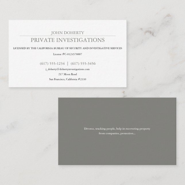 Carte De Visite Enquêtes privées | Inspecteur professionnel (Devant / Derrière)