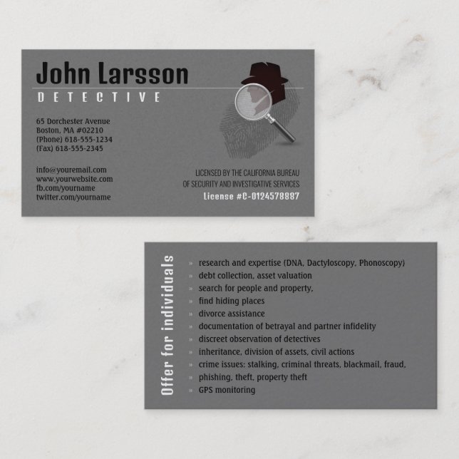 Carte De Visite Enquêteur privé | Inspecteur (Devant / Derrière)