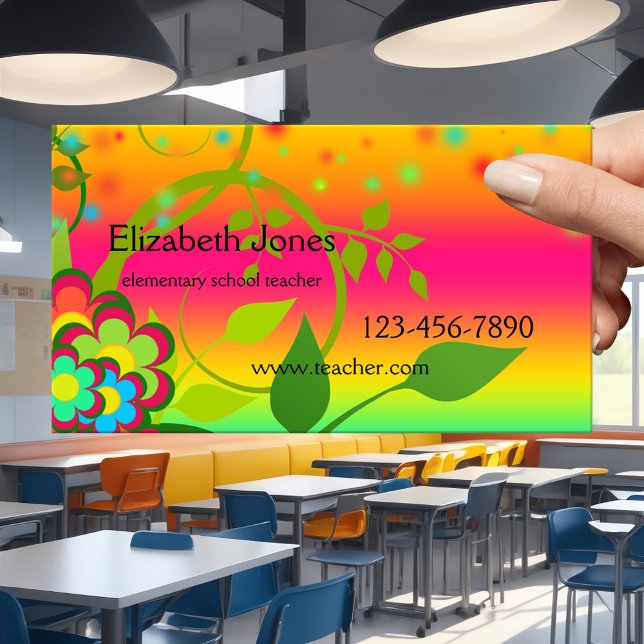 Carte de visite enseignant de l'école primaire col (Business card featuring a colorful fun design with flowers and neon light sparkles - elementary)