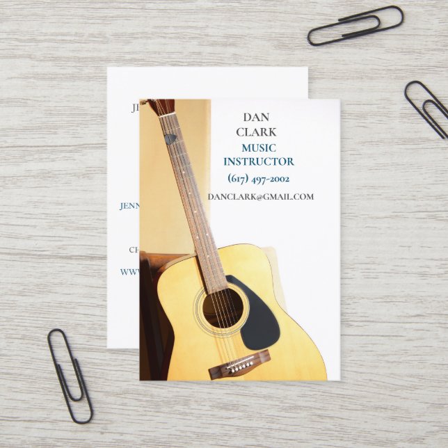 Carte De Visite Enseignant de musique blanche/Musicien/ Guitare ac (Devant/Arrière en situation)