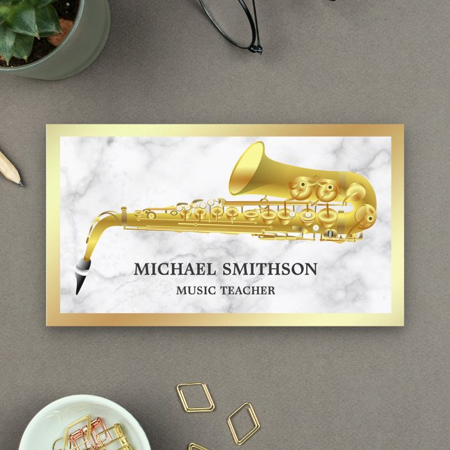 Carte De Visite Enseignant de musique saxophone Marbre blanc Gold  (Créateur téléchargé)