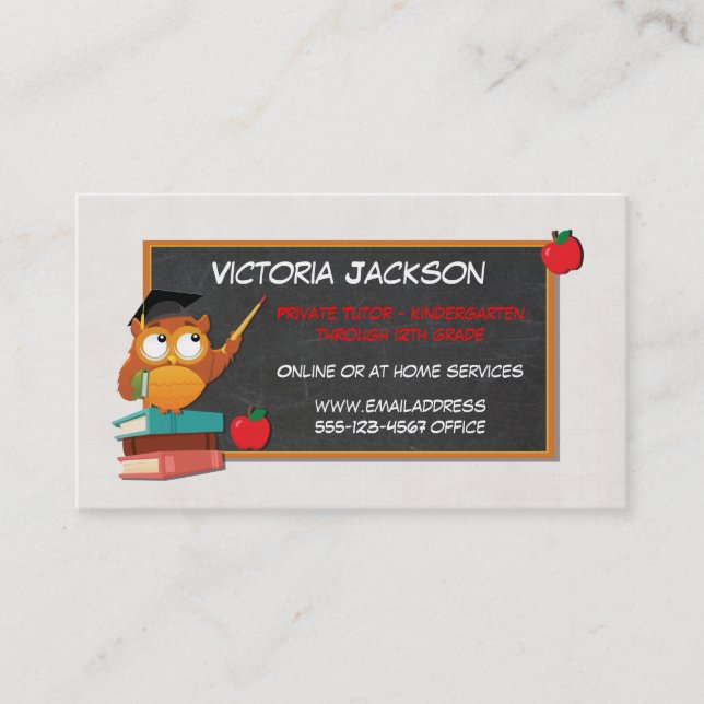 Carte De Visite Enseignement du tuteur de chalkboard de chouettes (Devant)
