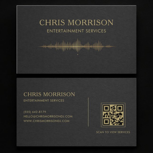 Carte De Visite Entertainment Services Music Black Gold QR Code (Créateur téléchargé)