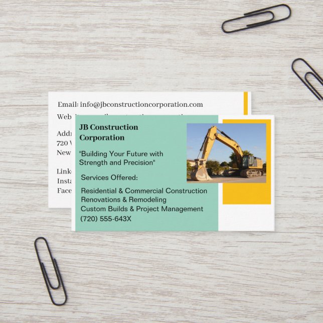 Carte De Visite Entraîneur blanc Bulldozer de construction jaune (Devant/Arrière en situation)