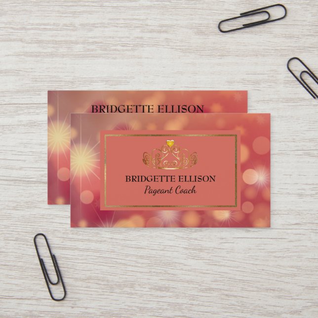 Carte De Visite Entraîneur brillant rose rouge or brillant Pageant (Devant/Arrière en situation)