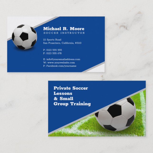 Carte De Visite Entraîneur de football | Cadeaux de sport bleu pro (Devant / Derrière)