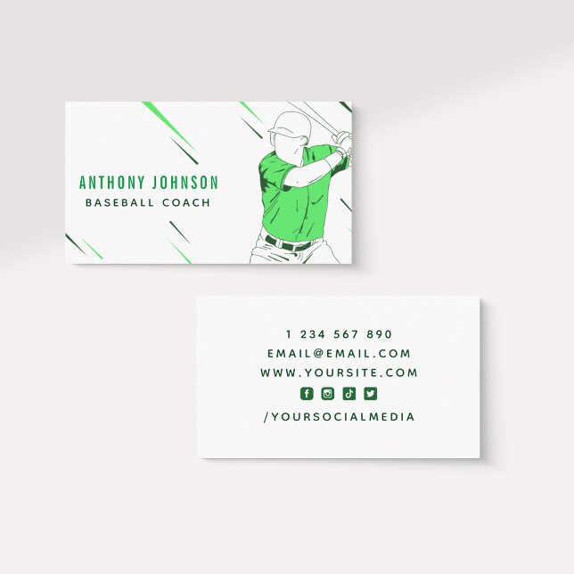 Carte De Visite Entraîneur de joueur de baseball vert en mouvement (Créateur téléchargé)