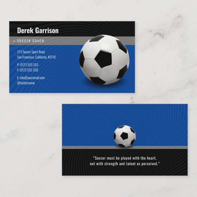 Carte De Visite Entraîneur de soccer bleu profond | Instructeur sp (Devant / Derrière)