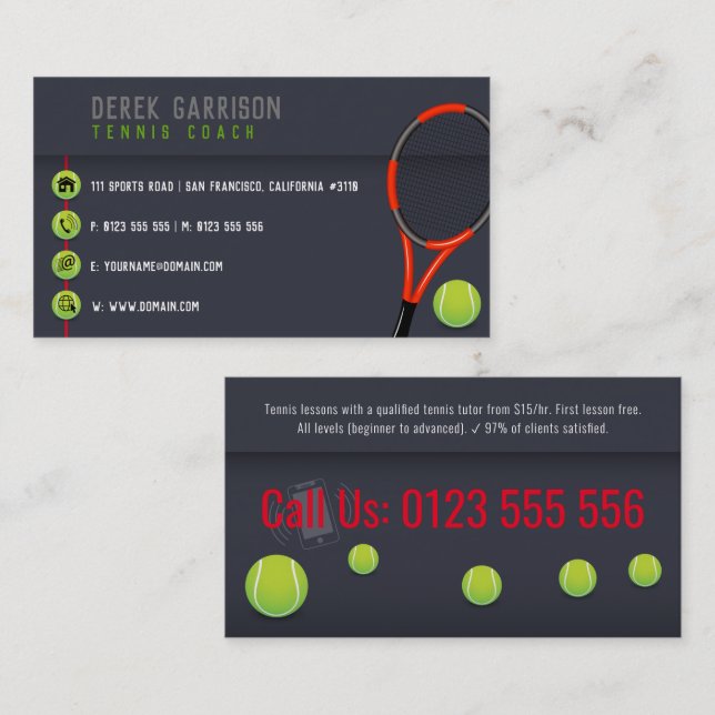 Carte De Visite Entraîneur de tennis professionnel | Raquette de t (Devant / Derrière)