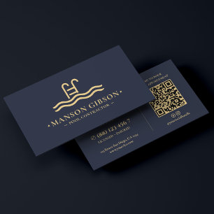 Carte De Visite Entrepreneur de Piscine Code QR Moderne Navy Foncé