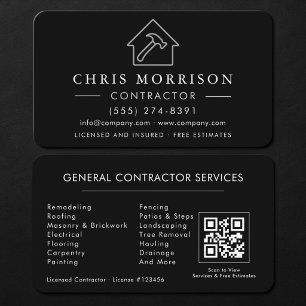 Carte De Visite Entrepreneur Général de Construction Code QR Noir
