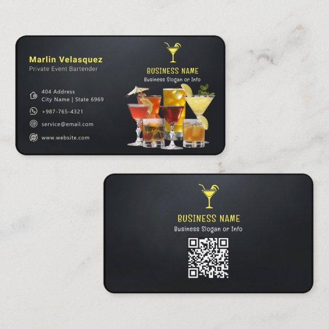 Carte De Visite Entreprise de barman moderne | Noir Décontracté (Devant / Derrière)