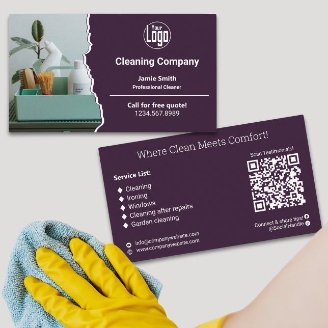Carte De Visite Entreprise moderne de nettoyage blanc violet (Modern Purple White Cleaning Company Business Card - Logo - Motto - List - QR code - Social Connect)