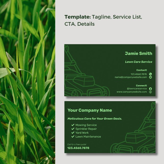 Carte De Visite Entretien de la pelouse verte foncée personnalisée (Mower Outline Custom Dark Green Lawn Maintenance Business Card, Service List,  CTA, Call)