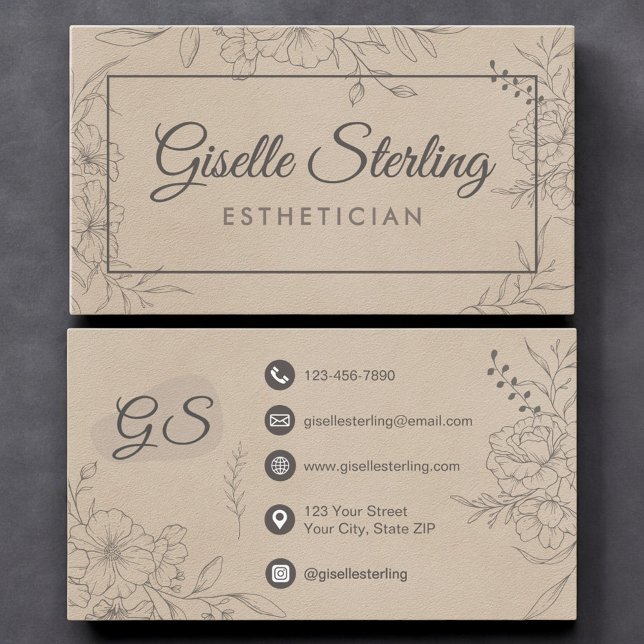 Carte De Visite Esthetician Beige Suede Floral Line Art Script (Créateur téléchargé)
