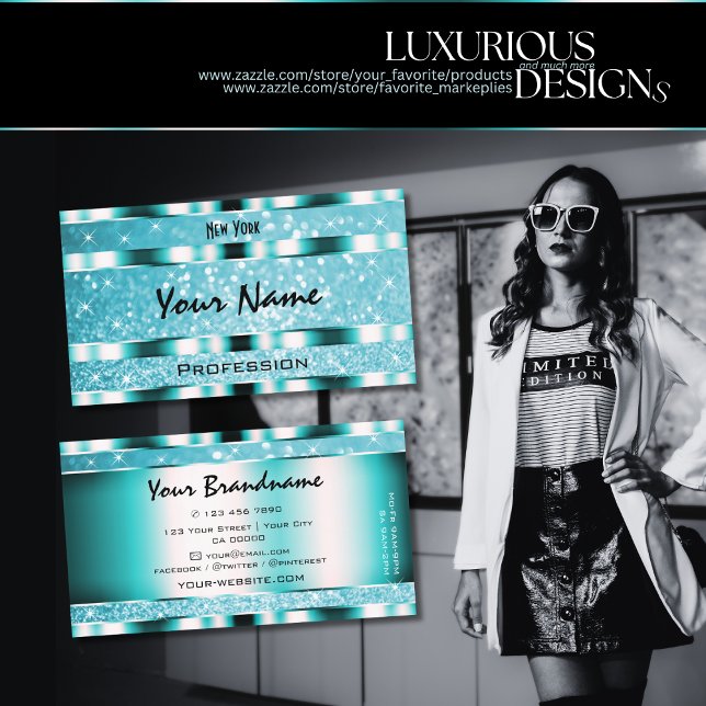 Carte De Visite Etoiles de Parties scintillant Turquoise de prise  (Créateur téléchargé)