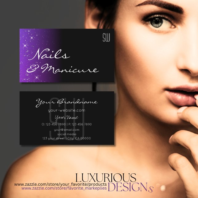 Carte De Visite Étoiles de Parties scintillant violet bleu noir av (Créateur téléchargé)