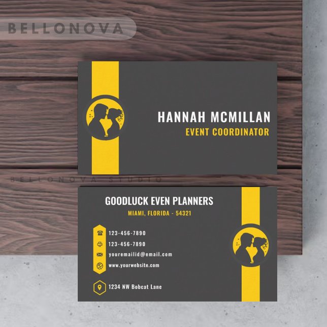 Carte De Visite Événementiel Personnalisé Gris Foncé Noir Jaune (Custom Dark Grey Black Yellow Event Planning Business Card)