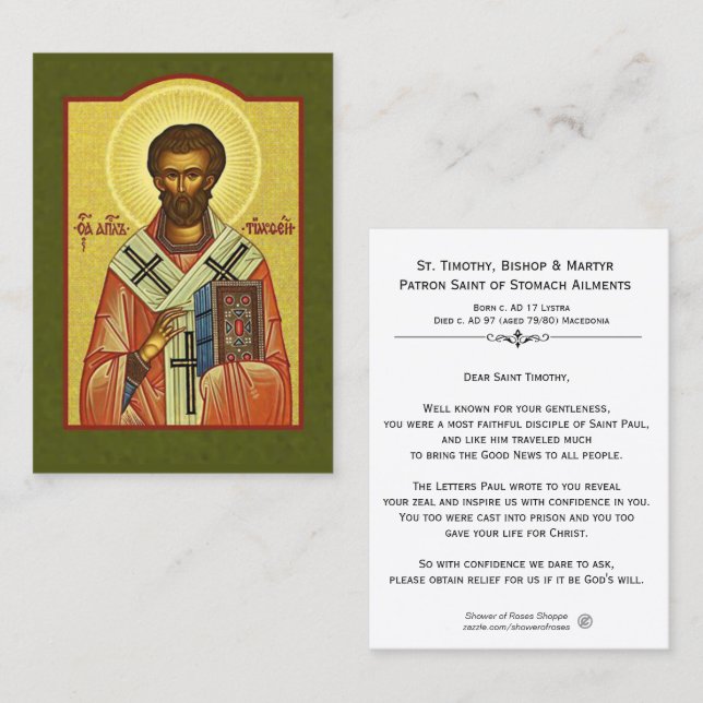 Carte De Visite Évêque Martyr Prayer Holy Card de St Timothy (Devant / Derrière)
