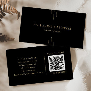 Carte De Visite EVERLY Élégant Code QR noir et or Art Déco