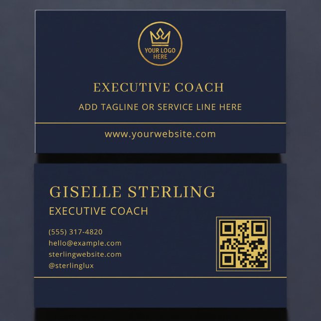Carte De Visite Executive Coach Blue Gold Logo QR Code (Créateur téléchargé)