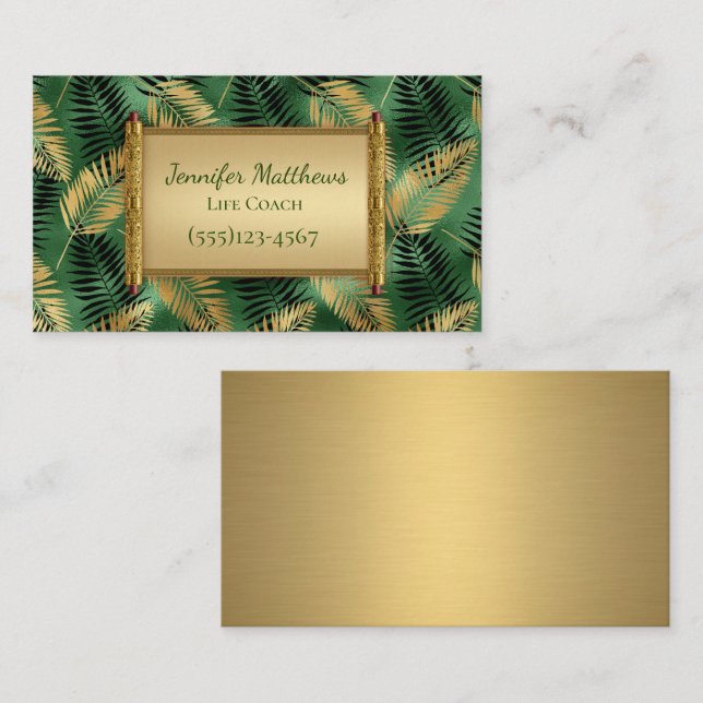 Carte De Visite Exotic Green & Gold Safari Jungle Leaf Design (Devant / Derrière)