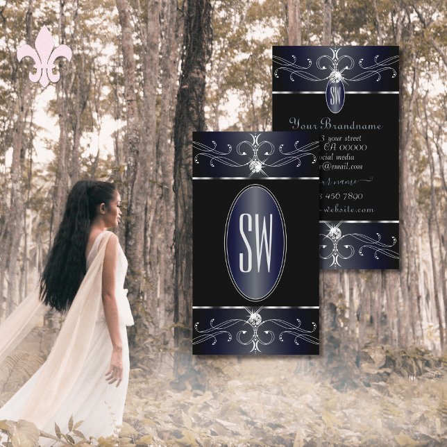 Carte De Visite Exquise Ornat noir et Bleu Initiales (Créateur téléchargé)