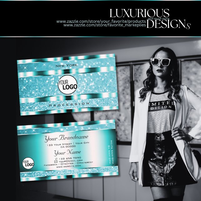 Carte De Visite Eye Catching Parties scintillant Turquoise Étoiles (Créateur téléchargé)
