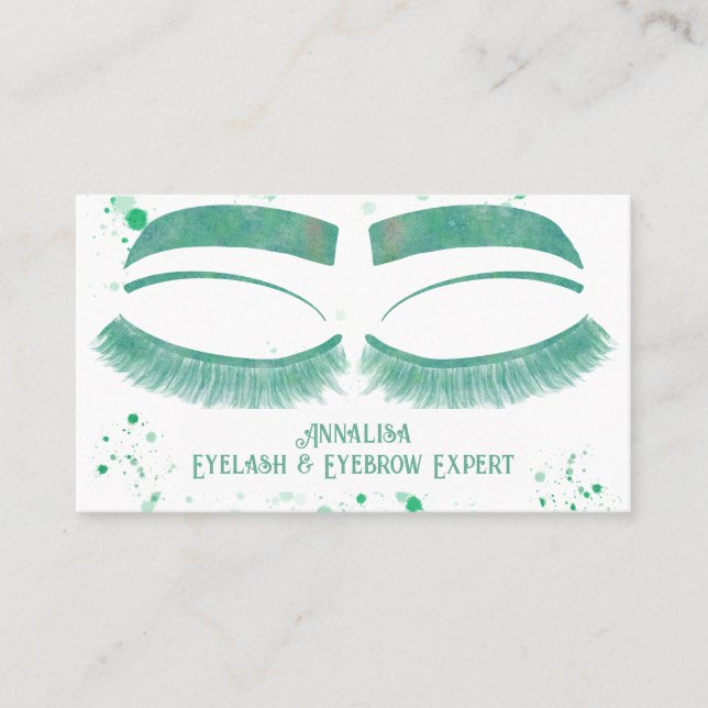 Carte De Visite Eyelash & Beauté de l'aquarelle de luxe, vert ment (Devant)