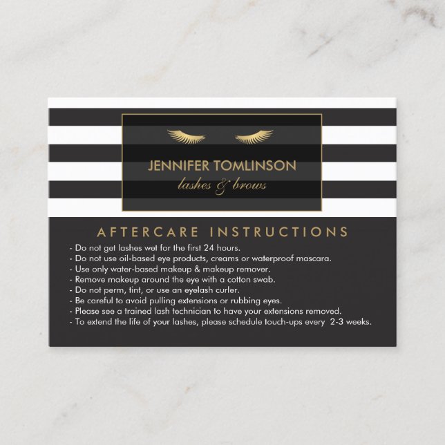 Carte De Visite Eyelashes d'or avec stries Lash Salon Aftercare (Devant)
