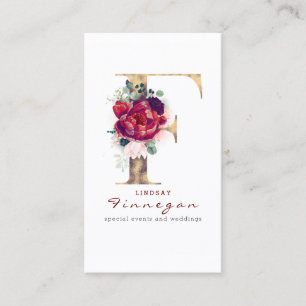 Carte De Visite F Monogramme Bourgogne Fleurs rouges et Faux Gold