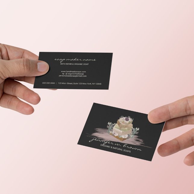 Carte De Visite Fabrication de savon floral noir rose (Floral Soap Making Black Pink Business Card)