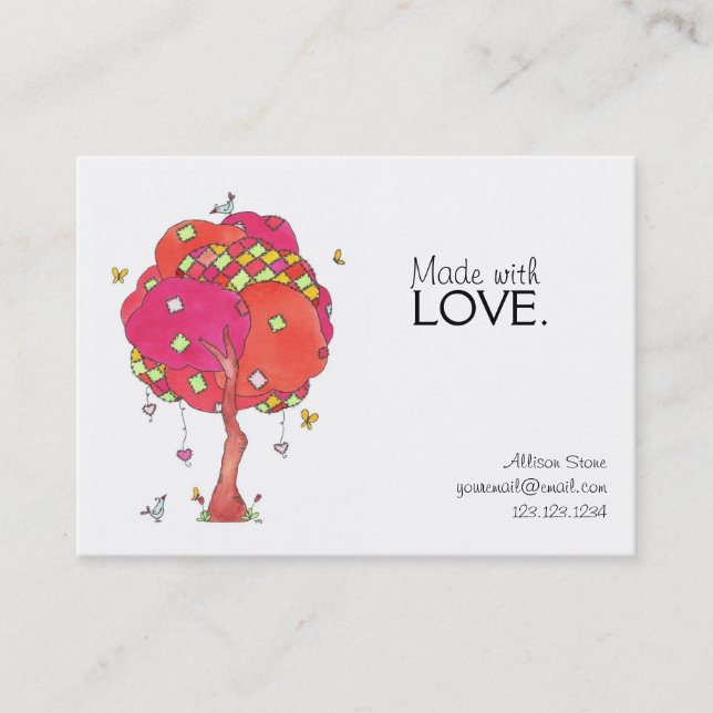 Carte De Visite Fabriqué avec l'amour Quilé Pink Patch Tree Oiseau (Devant)
