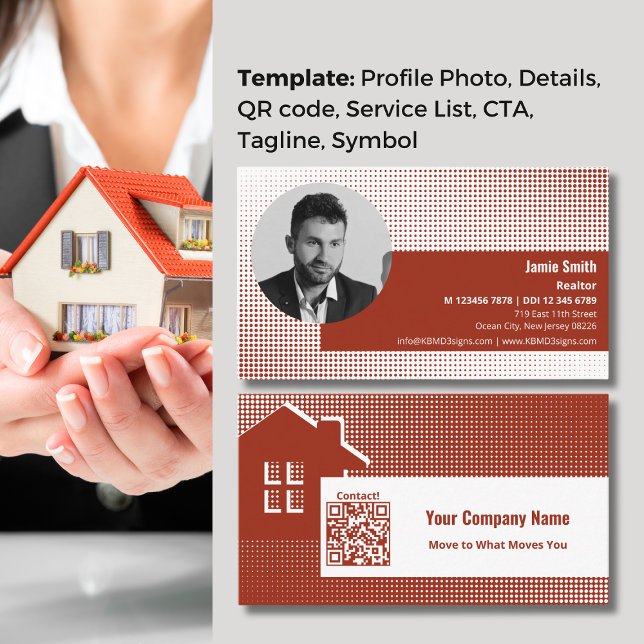 Carte De Visite Faites votre marque, frapper l'agent immobilier ro (Make Your Mark, Striking Red Real Estate Agent Business Card, QR code, Tagline, Profile Photo)