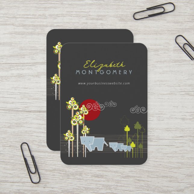 Carte De Visite Famille D'Éléphants Whimsical Dans La Forêt Et Le  (Devant/Arrière en situation)