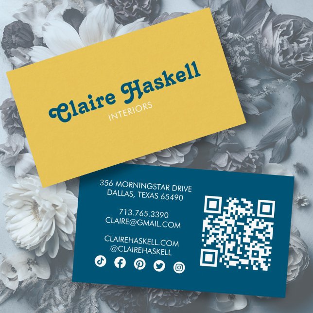 Carte De Visite Fancy Script Mustard Jaune Chic Minimal Social QR (Edit the social media icons and QR code to suit your needs on these custom script business cards)