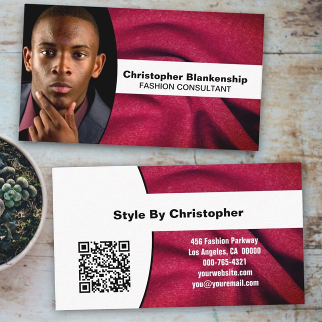 Carte De Visite Fashion Consultant Burgundy Fabric Photo QR Code (front and back custom photo business card)