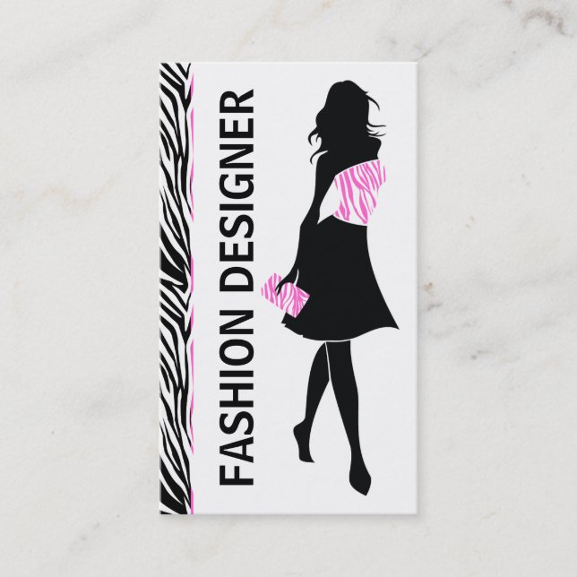 Carte De Visite Fashion designer fille noir blanc rose imprimé zèb (Devant)