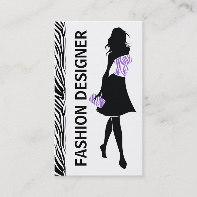 Carte De Visite Fashion designer fille violet, imprimé zèbre blanc (Devant)