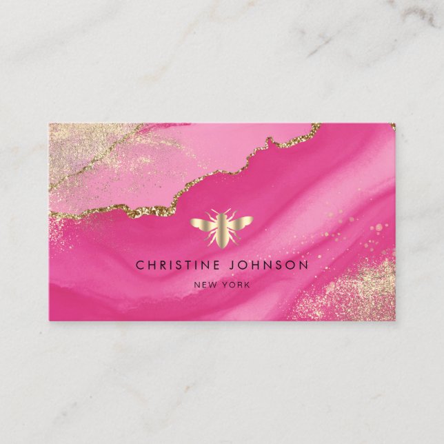 Carte De Visite fausse feuille d'or abeille sur l'agate rose néon (Devant)