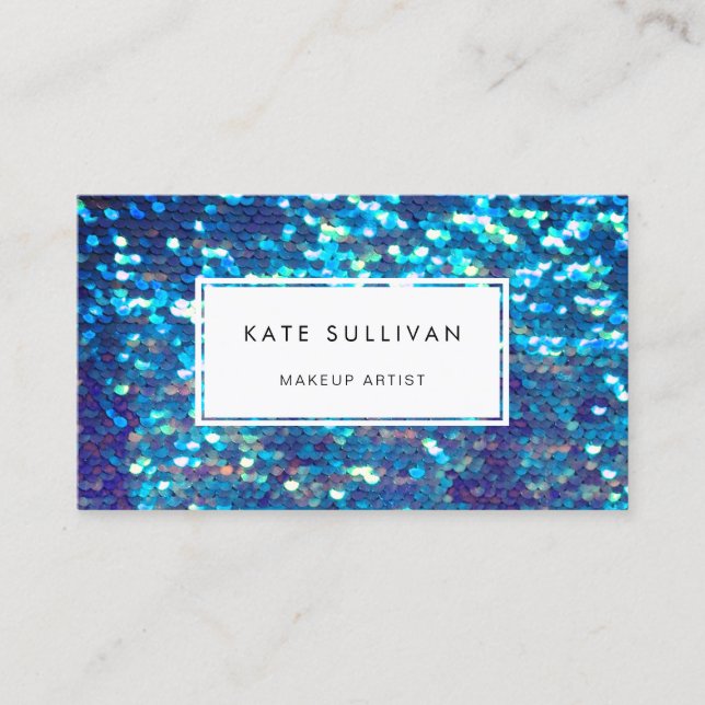 Carte De Visite fausse iridescence, effet mermaid bleu paillette (Devant)