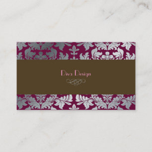 Carte De Visite Faux argent baroque damask en merlot + chocolat