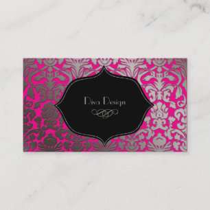 Carte De Visite Faux argent baroque damask /noir/rose chaud