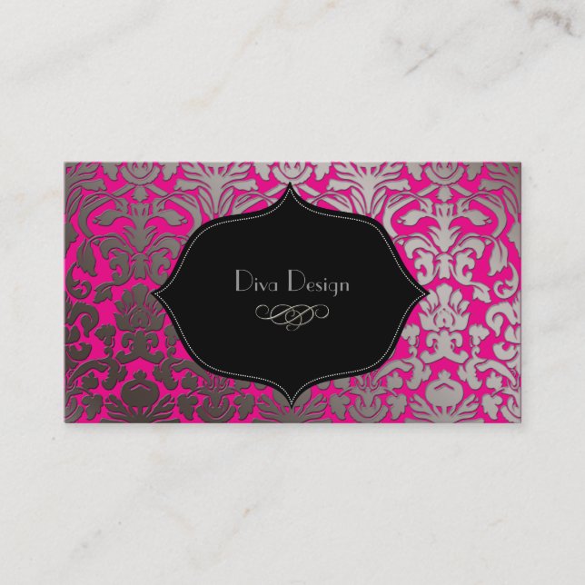 Carte De Visite Faux argent baroque damask /noir/rose chaud (Devant)