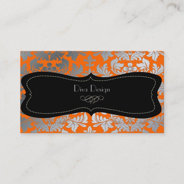 Carte De Visite Faux argent baroque damassé orange/noir (Devant)