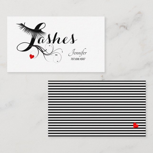 Carte De Visite Faux Eyelashes Technicien Coeur rouge et rayures (Devant / Derrière)