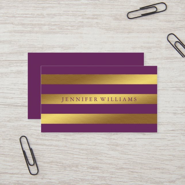 Carte De Visite Faux Gold Foil et Plum Stripes (Devant/Arrière en situation)